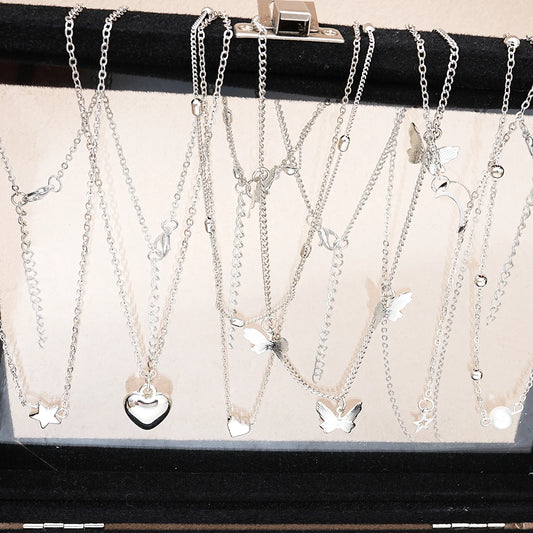 51 unids/set de joyería elegante de Color plateado para mujer, collares de perlas de corazón de mariposa a la moda, pendientes, anillos, trajes diarios combinados
