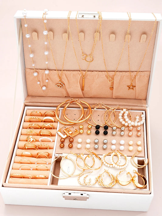 86 unids/set elegantes pendientes de perlas collar multicapa pendientes anillos 4 en 1 conjunto de joyería para mujer regalo de uso diario (sin caja)