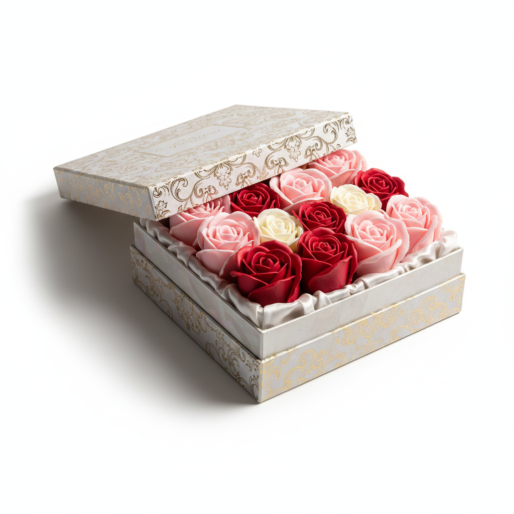 Caja de Regalo con Rosas de Pétalos de Jabón