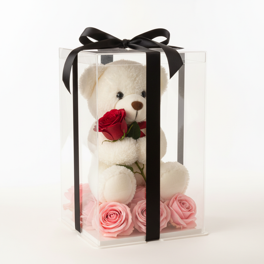 Regalo Oso de Peluche en Caja Transparente con Rosas